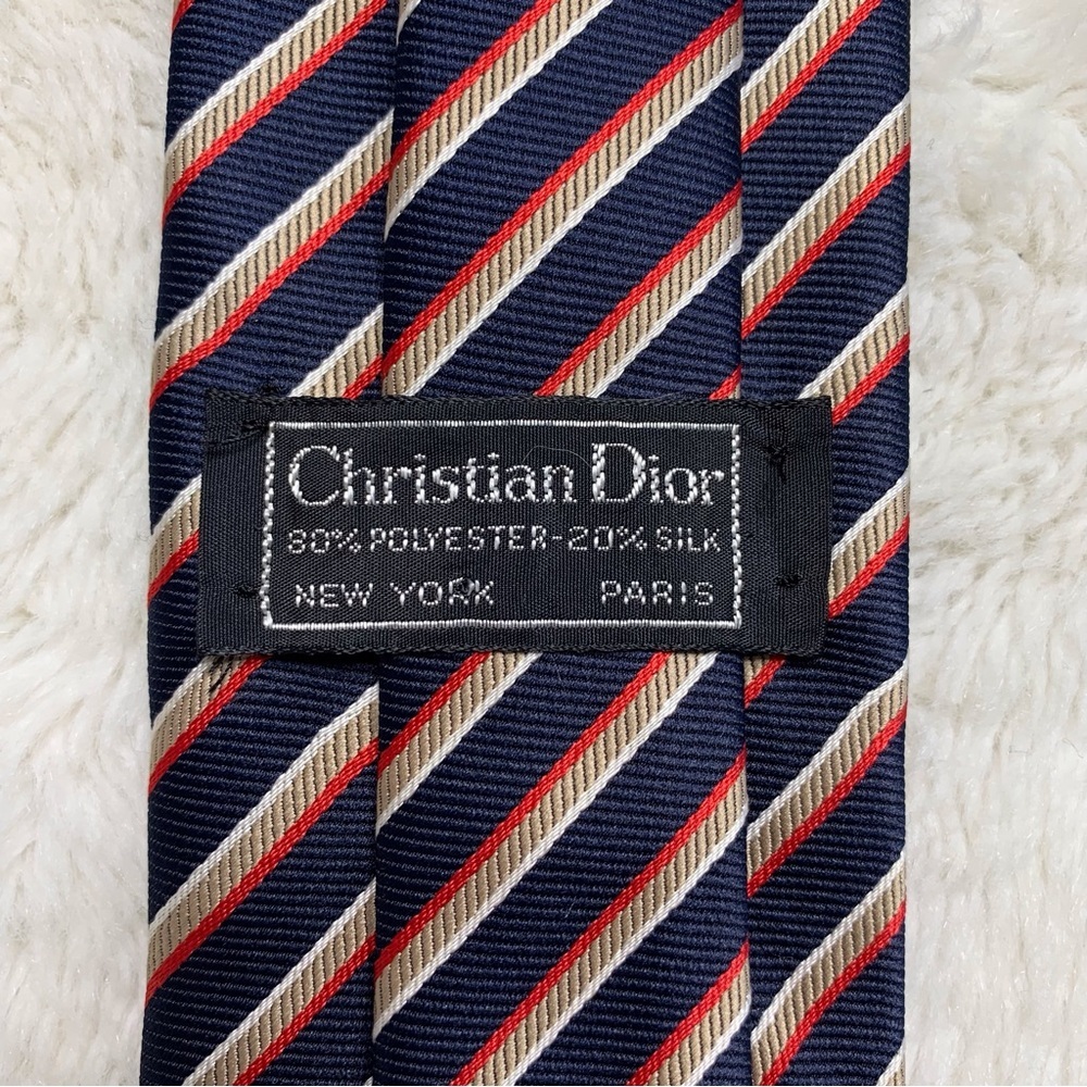 Vintage Christian Dior Logo Men’s 100% Silk Striped Blue Tan Tie - Picture 6 of 6
